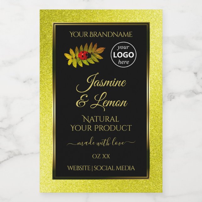Yellow Glitter Black Product Labels Ladybug Logo (Single Label)