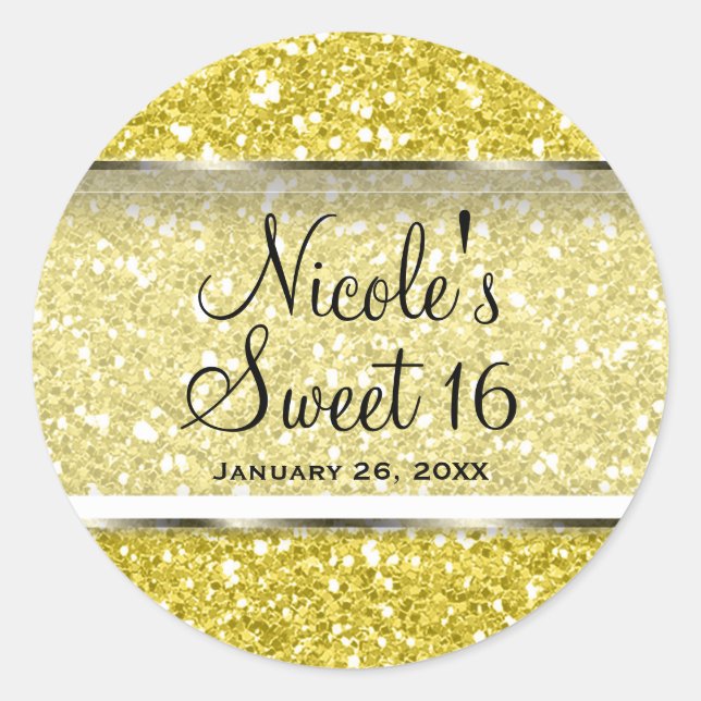 Yellow Glitter Glam Sweet 16 Custom Party Favour Classic Round Sticker (Front)