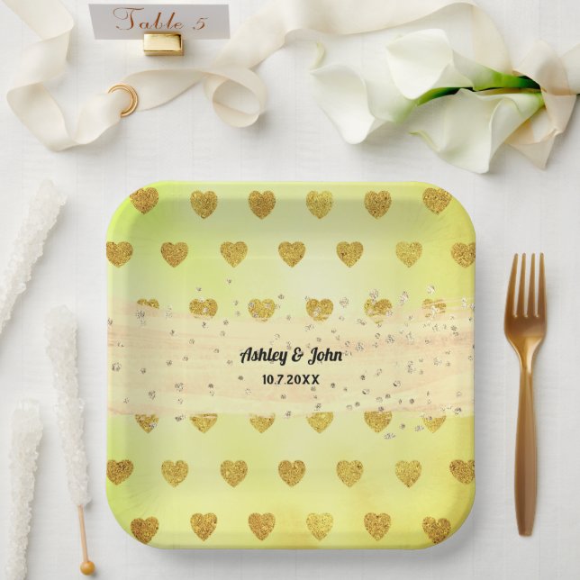 Yellow Glitter Hearts Wedding Birthday Paper Plate (Wedding)