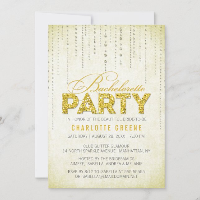 Yellow Glitter Look Bachelorette Party Invitation (Front)