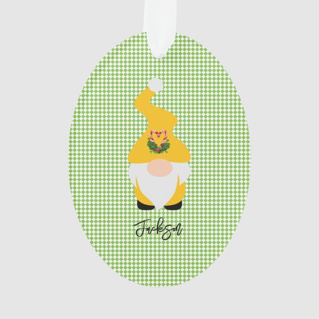 Yellow Gnome Green Check NAME Year Christmas Fun Ornament (Back)