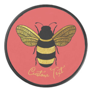 YELLOW GOLD AND BLACK COLOR BUMBLE BEE WINGS TEXT HOCKEY PUCK