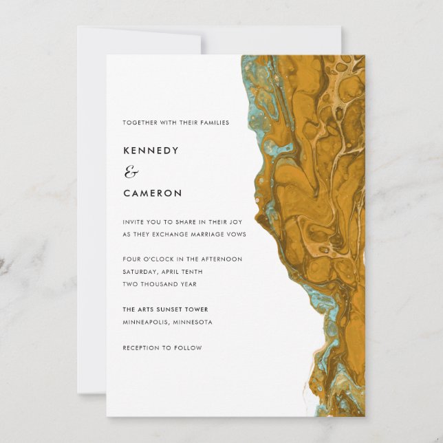Yellow Gold & Aqua Minimalist Marble Wedding Invitation (Front)