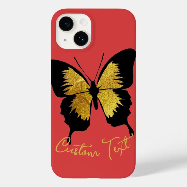 YELLOW GOLD BLACK BUTTERFLY CUSTOM SCRIPT TEXT RED Case-Mate iPhone CASE (Back)