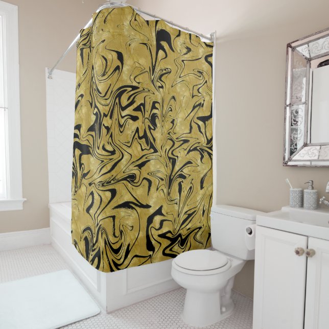 Yellow Gold & Black Elegant Glam Marble Swirl Shower Curtain (In Situ)