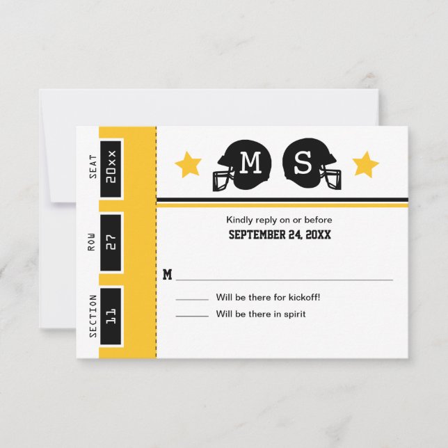 Yellow Gold Black Football Ticket Wedding RSVP (Front)
