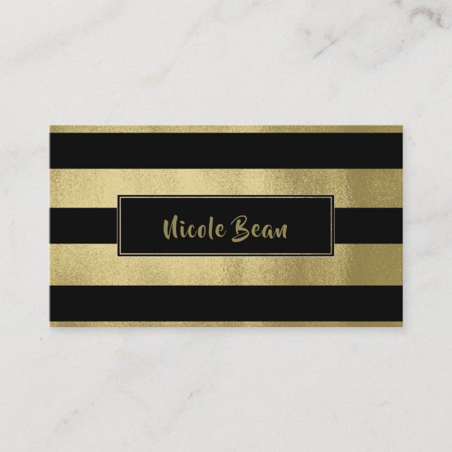 Yellow Gold & Black Stripes Chic Modern Glam Business Card (Front)