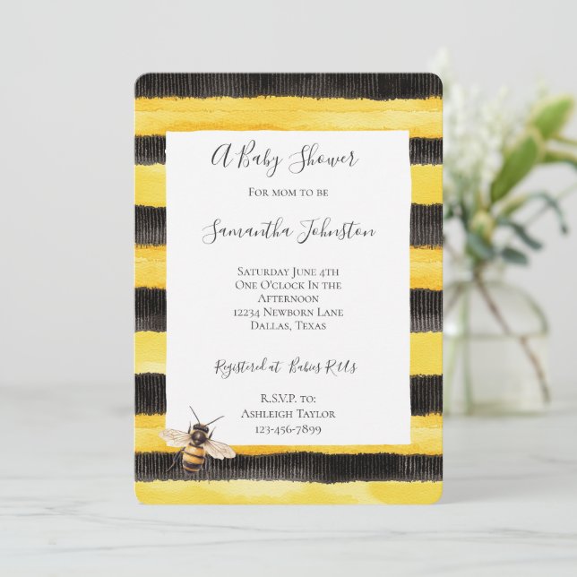 Yellow Gold Black Stripes Honey Bee Baby Shower Invitation (Standing Front)