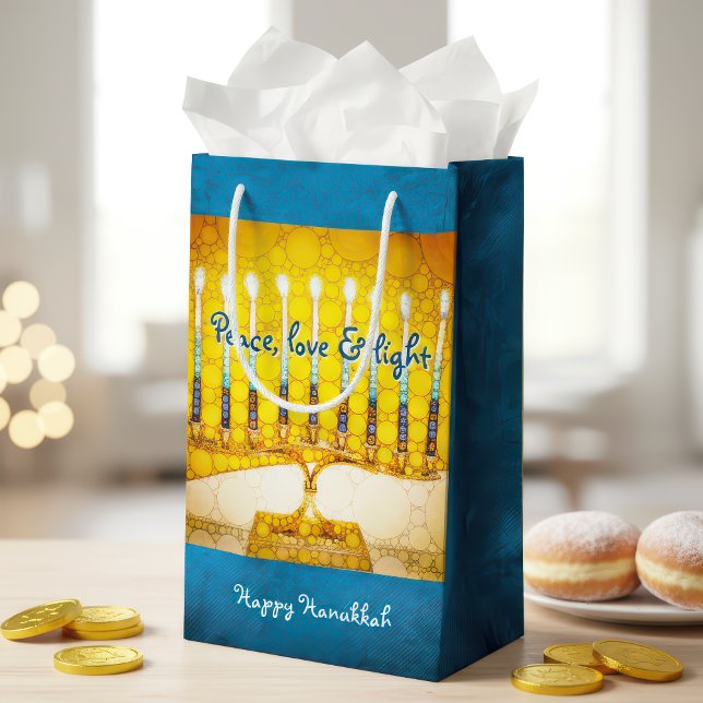 Yellow Gold Blue Hanukkah Menorah Peace Love Light Small Gift Bag (Creator Uploaded)