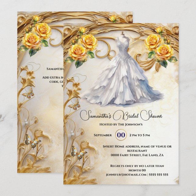 Yellow gold bridal gown roses luxurious flowers invitation (Front/Back)