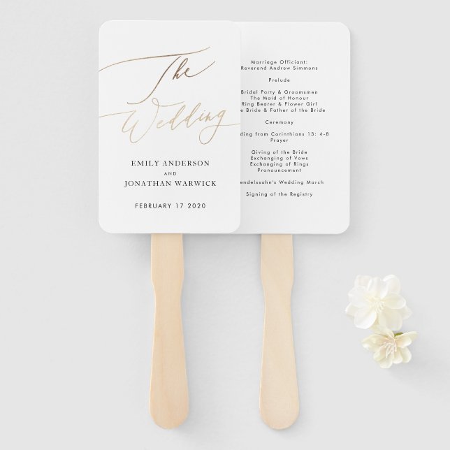 Yellow Gold Calligraphy Modern Calligraphy Wedding Hand Fan (Front and Back)