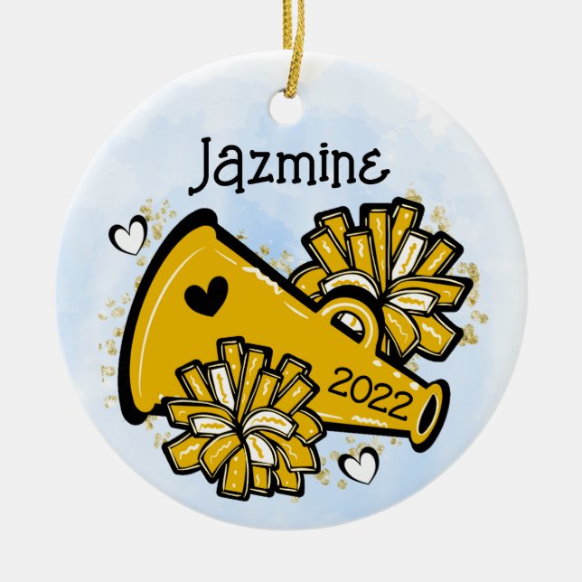 Yellow Gold Cheer Ornament Megaphone Pom Pom Cute (Front)