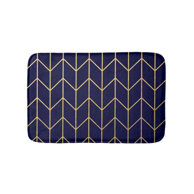 Yellow Gold Chevron Navy Blue Modern Chic Bath Mat (Front)