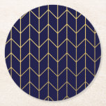 Yellow Gold Chevron Navy Blue Modern Chic Round Paper Coaster<br><div class="desc">Contemporary, gold foil chevron pattern printed on a navy blue solid colour background. GraphicsByMimi ©. (Gold foil is a printed photo effect). Use to create your own one of a kind gift for you or your friends and family by personalising it with your name, monogram, text or photo or leave...</div>