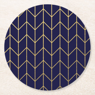 Yellow Gold Chevron Navy Blue Modern Chic Round Paper Coaster