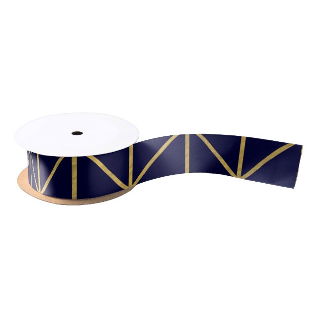 Yellow Gold Chevron Navy Blue Modern Chic Satin Ribbon (Spool)