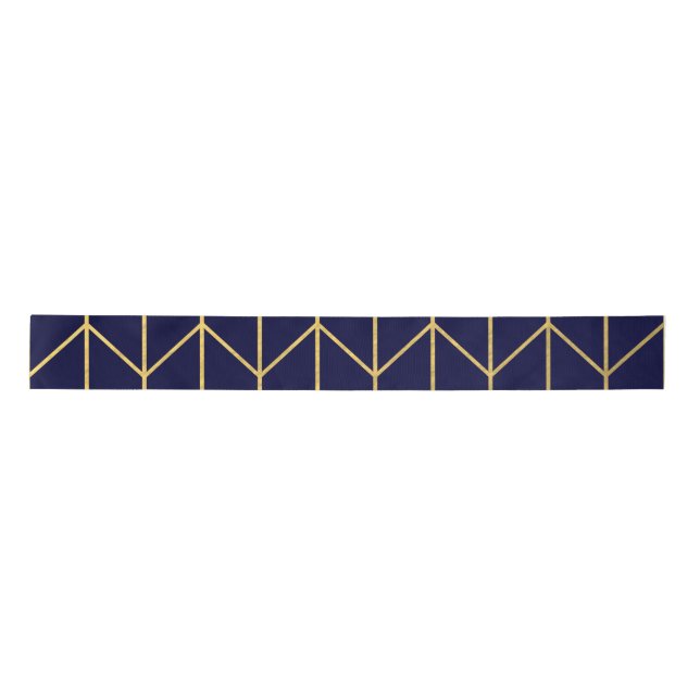 Yellow Gold Chevron Navy Blue Modern Chic Satin Ribbon (Front)