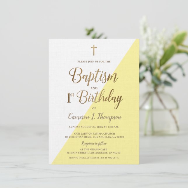Yellow Gold Cross Baptism 1st Birthday Invitation (Standing Front)