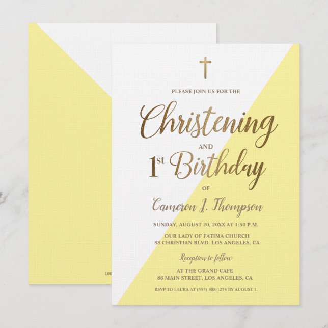Yellow Gold Cross Christening and 1st Birthday Invitation (Front/Back)