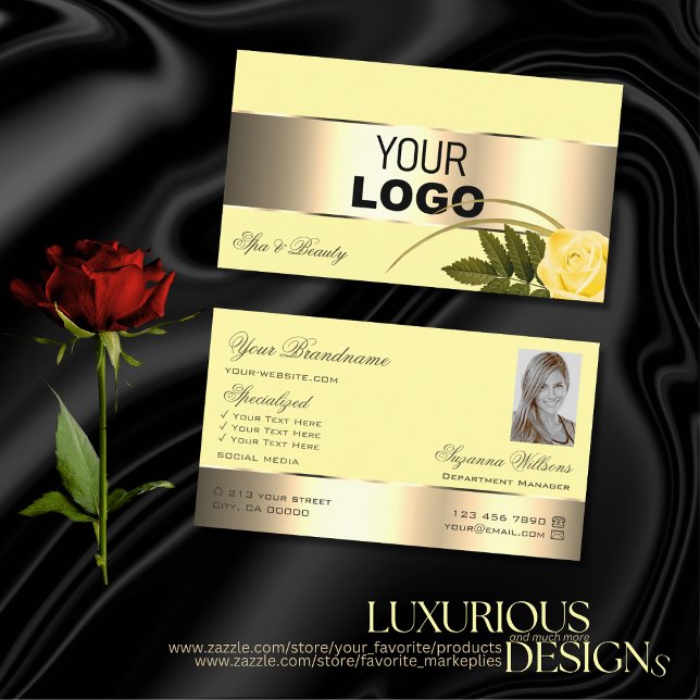 Yellow Gold Decor Rose Flower with Logo and Photo Business Card (Creator Uploaded)