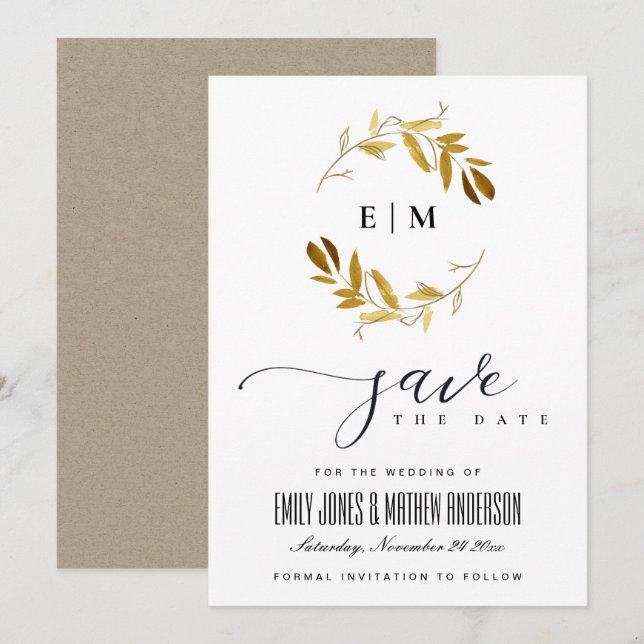 YELLOW GOLD FAUNA WATERCOLOR WREATH SAVE THE DATE INVITATION (Front/Back)