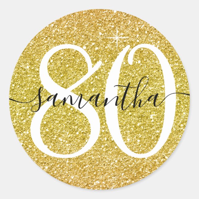 Yellow Gold Faux Glitter Personalised 80 Classic Round Sticker (Front)