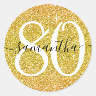 Yellow Gold Faux Glitter Personalised 80 Classic Round Sticker
