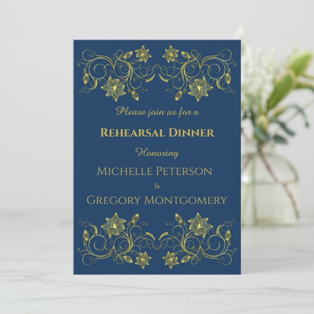 Yellow Gold Filigree Atlantic Blu Rehearsal Dinner Invitation (Standing Front)