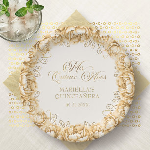 Yellow Gold Floral Quinceanera Paper Plate