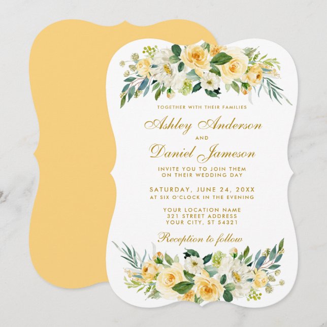 Yellow Gold Floral White Green Wedding Invitation (Front/Back)