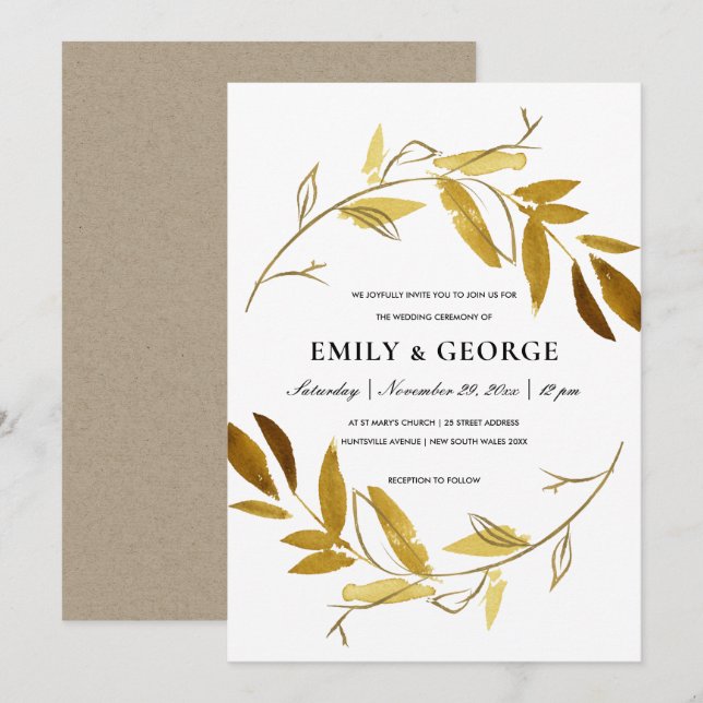 YELLOW GOLD FOLIAGE WATERCOLOR WASH WREATH WEDDING INVITATION (Front/Back)