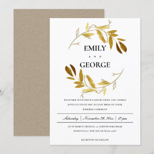 YELLOW GOLD FOLIAGE WATERCOLOR WASH WREATH WEDDING INVITATION