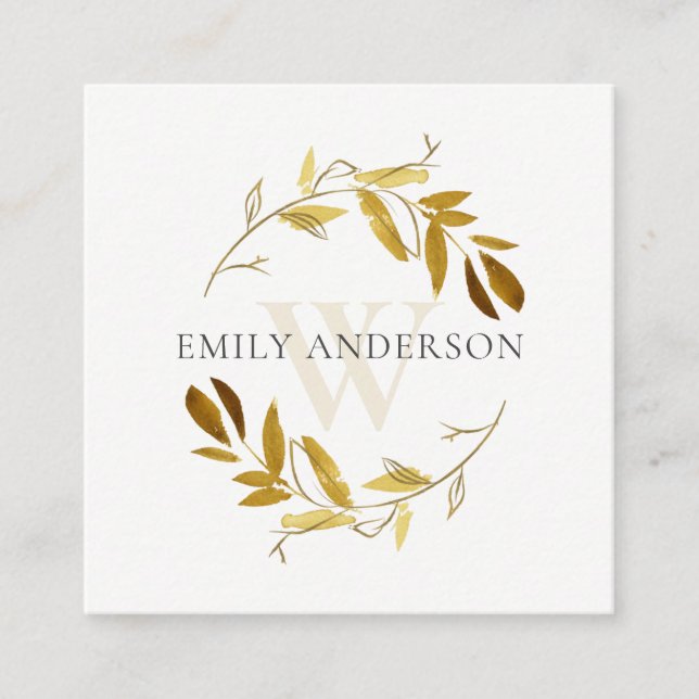 YELLOW GOLD FOLIAGE WATERCOLOR WREATH PROFESSIONAL SQUARE BUSINESS CARD (Front)