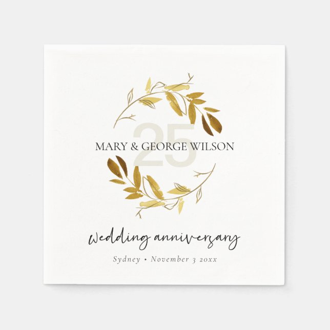 YELLOW GOLD FOLIAGE WREATH ANY YEAR 25 ANNIVERSARY NAPKIN (Front)