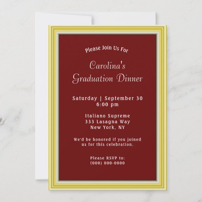 Yellow Gold Frame Maroon Dinner Graduation Invitation (Front)
