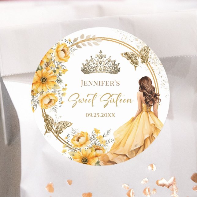 Yellow Gold Girl Princess Tiara Floral Sweet 16 Classic Round Sticker (Creator Uploaded)