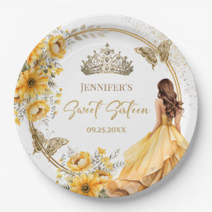 Yellow Gold Girl Princess Tiara Floral Sweet 16 Paper Plate