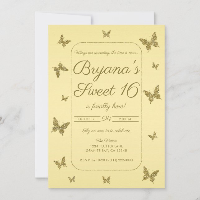 Yellow & Gold Glitter Butterfly Sweet 16 Party Invitation (Front)
