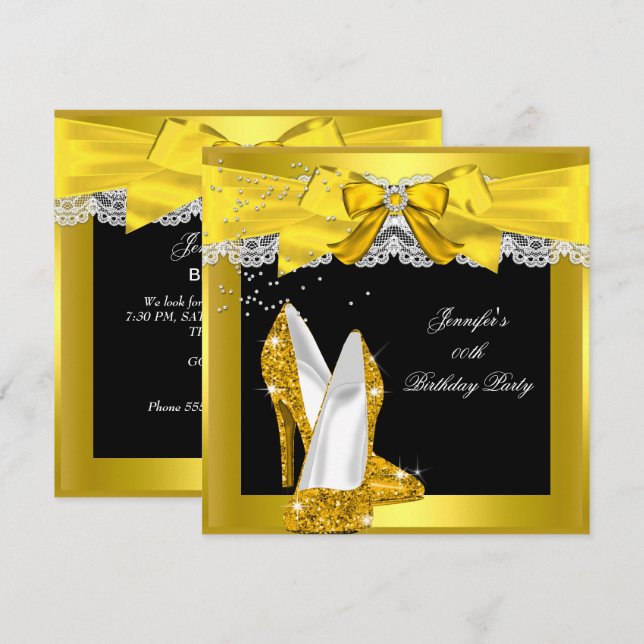 Yellow Gold Glitter High Heel Shoe Birthday Party Invitation (Front/Back)