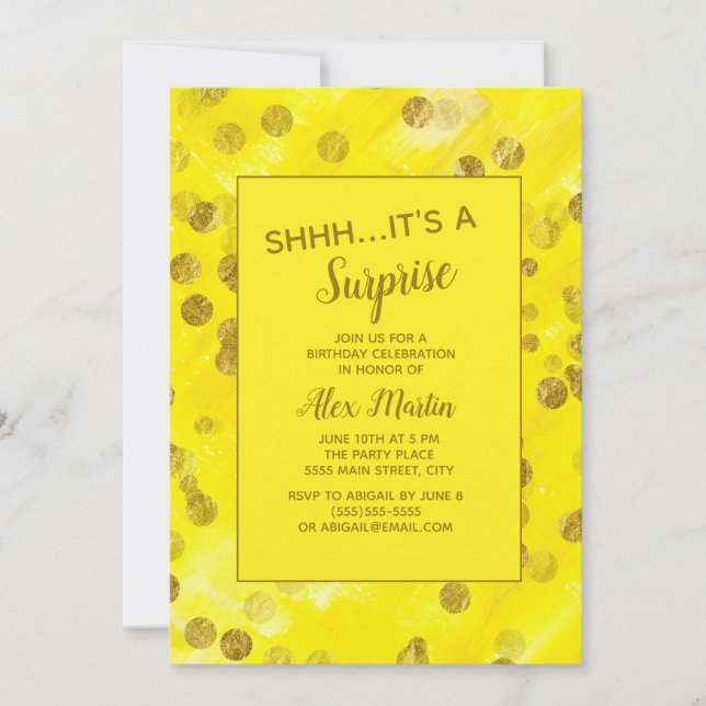 Yellow Gold Glitter Surprise Birthday Party     Invitation (Front)