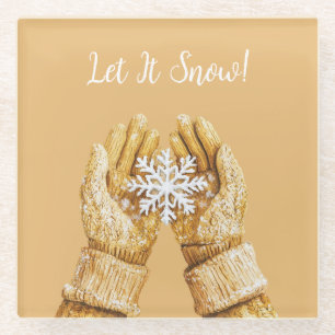 Yellow Gold Gloves Hands Snowflake Christmas Glass Coaster