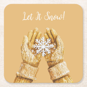 Yellow Gold Gloves Hands Snowflake Christmas Square Paper Coaster