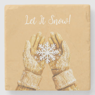 Yellow Gold Gloves Hands Snowflake Christmas Stone Coaster