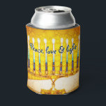 Yellow Gold Hanukkah Menorah Peace Love Light Bold Can Cooler<br><div class="desc">“Peace, love & light.” A calligraphy script quote, overlaying a close-up photo illustration of a bright, colourful, yellow and gold artsy menorah, helps you usher in the holiday of Hanukkah in style. Feel the warmth and joy of the holiday season whenever you relax with your favourite beverage with this stunning,...</div>