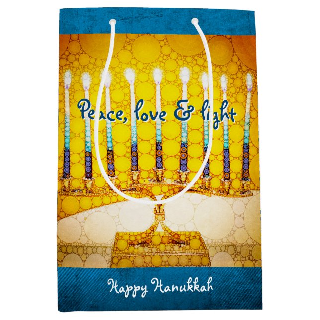 Yellow Gold Hanukkah Menorah Peace Love Light Bold Medium Gift Bag (Front)