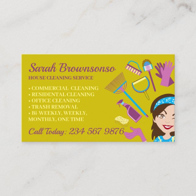 Yellow Gold House Cleaning Janitorial Gloved Apron Business Card (Front)