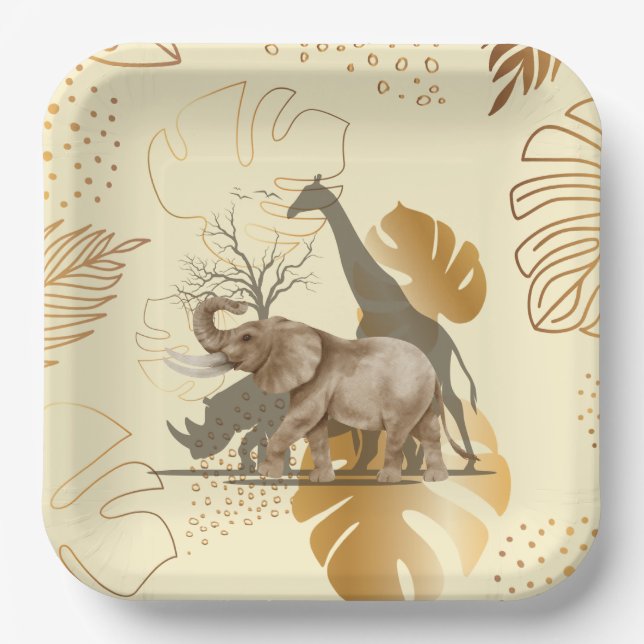 Yellow gold leaves, elephant, giraffe paper plates (Front)