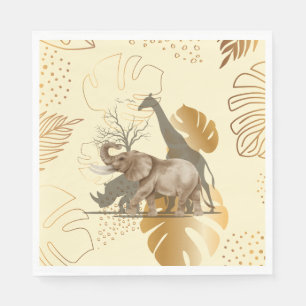 Yellow gold leaves, elephant, giraffe paper plates napkin