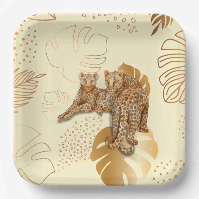 Yellow gold leaves leopard paper plates (Front)