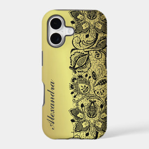 Yellow Gold Metallic Design & Black Vintage Lace